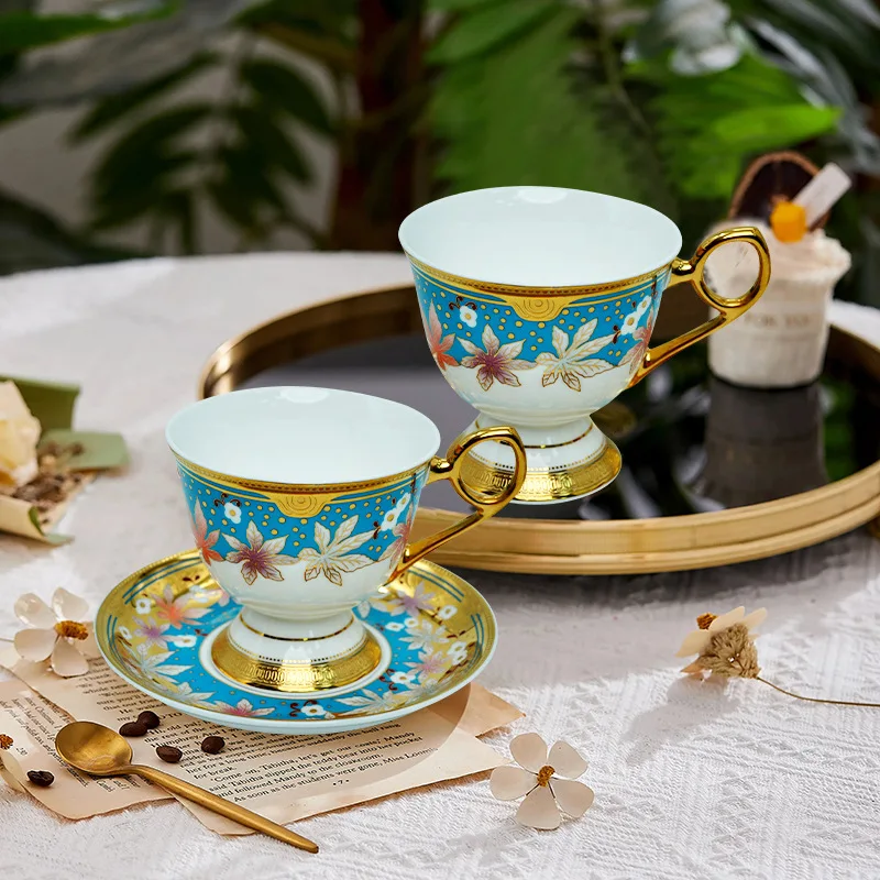 HYS embossed gold maple leaf pattern bone china coffee cup and saucer set luxury gold-painted afternoon tea cup set