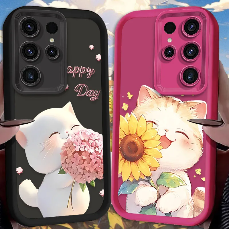 Cute Sunlight White Cat Flower Case for Samsung Galaxy S24 S23 S22 S21 Ultra Plus FE A54 A34 A14 A73 A53 A33 5G Silicone Cover