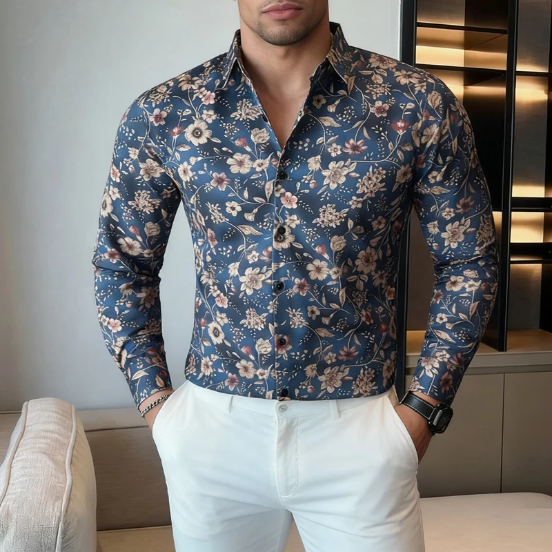 Men's Flower Printed Shirt Autumn Spring Long Sleeve Buttons Floral Shirts for Man Fashion Elegant Slim Camisa Social Masculina