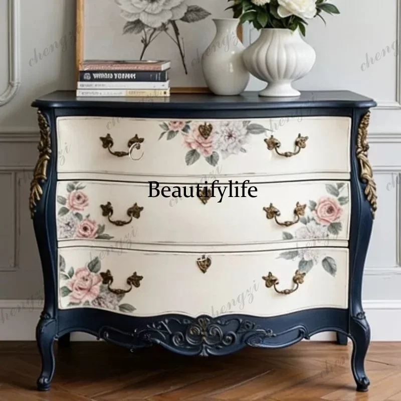 A74French retro, antique solid wood in the chest, three drawers, bedroom storage side cabinet