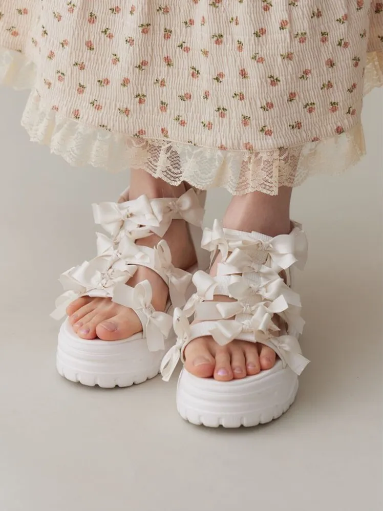 Japanese Summer Sweet Bow Lightweight Lolita Sandals Female Platform Muffin Bottom Slope Heel Fairy Sandals for Women