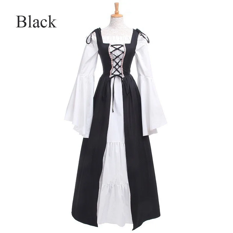 Two Set Patchwork Set Maxi Length Literary Retro with Medieval Renaissance Dress Full Swing Round Neck Square Neck Tie Waist view 4