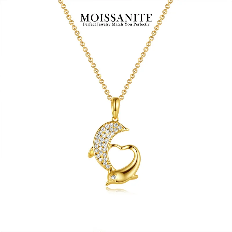 

0.5CTW Moissanite Necklace Dolphin Moon Pendant 925 Sterling Silver 18K Gold Plated Romantic Jewelry for Women Gift