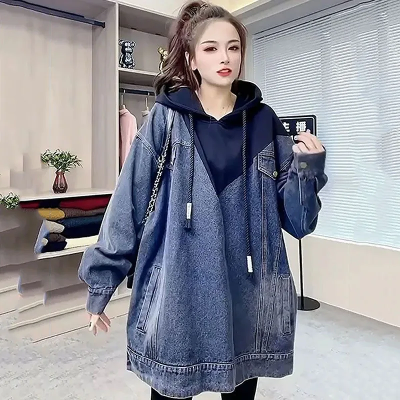 Oversized Female Hooded Denim Coat Spliced Pullover Hoodie Spring Autumn Loose Casual Long Motorcycle Jacket Fashion Womens Wear