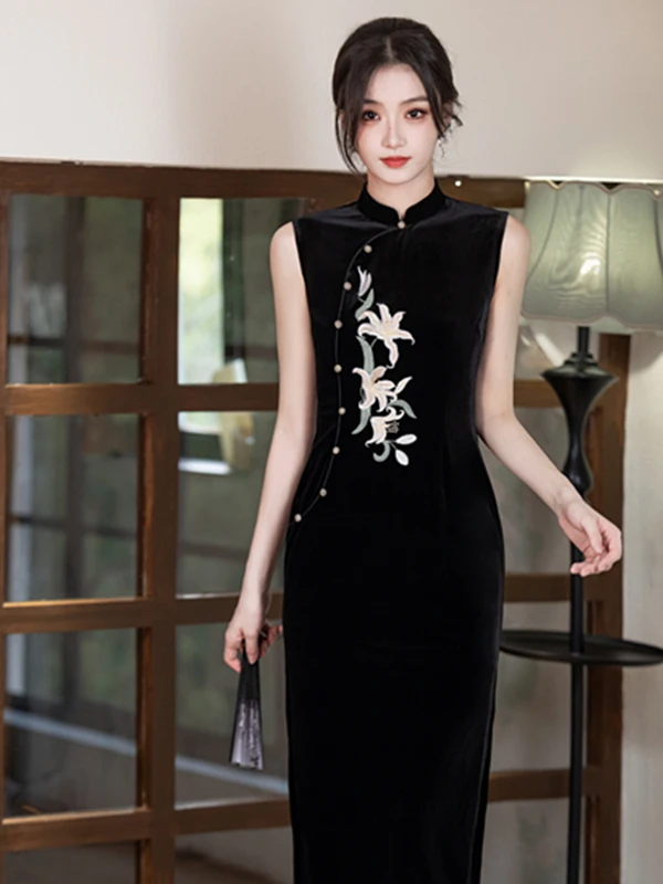 

Женское бархатное платье с вышивкой и цветочным узором в ретро-стиле, длинное, для повседневной носки, модный китайский костюм