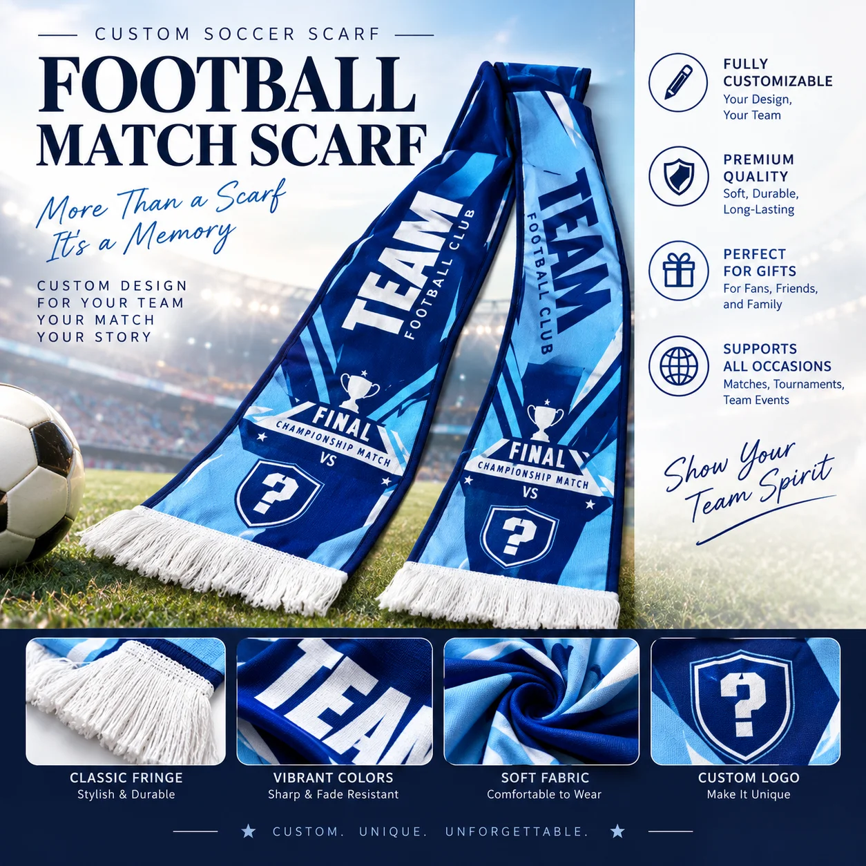 Custom Soccer Scarf with Fringe, Personalized Football Match Day Scarf, Team Logo Name Number, Sports Fan Supporter Gift