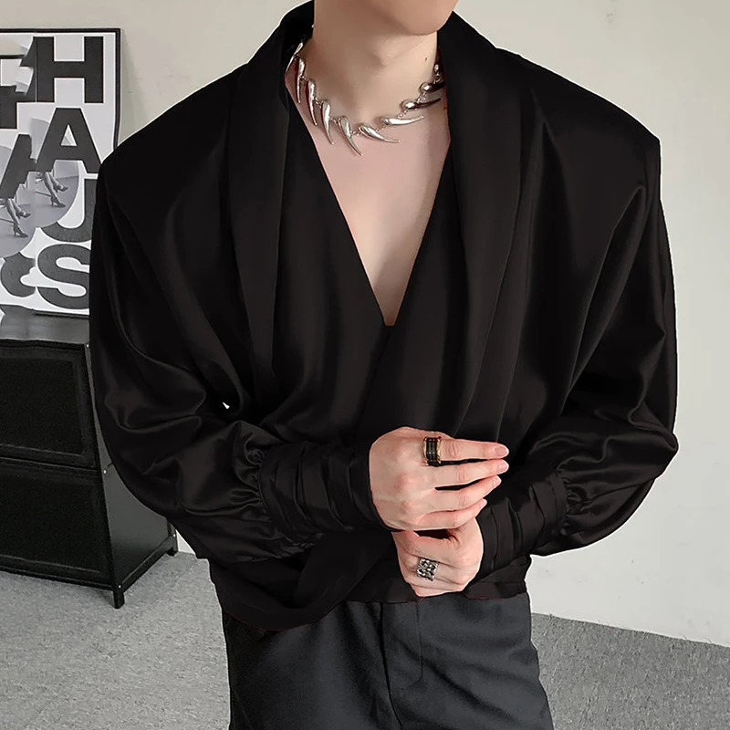 PFNW New Fashion Men's Shirts V-neck Long Sleeve Button Design Pullover Solid Color Shoulder Pads Male Clothing Autumn 12C875