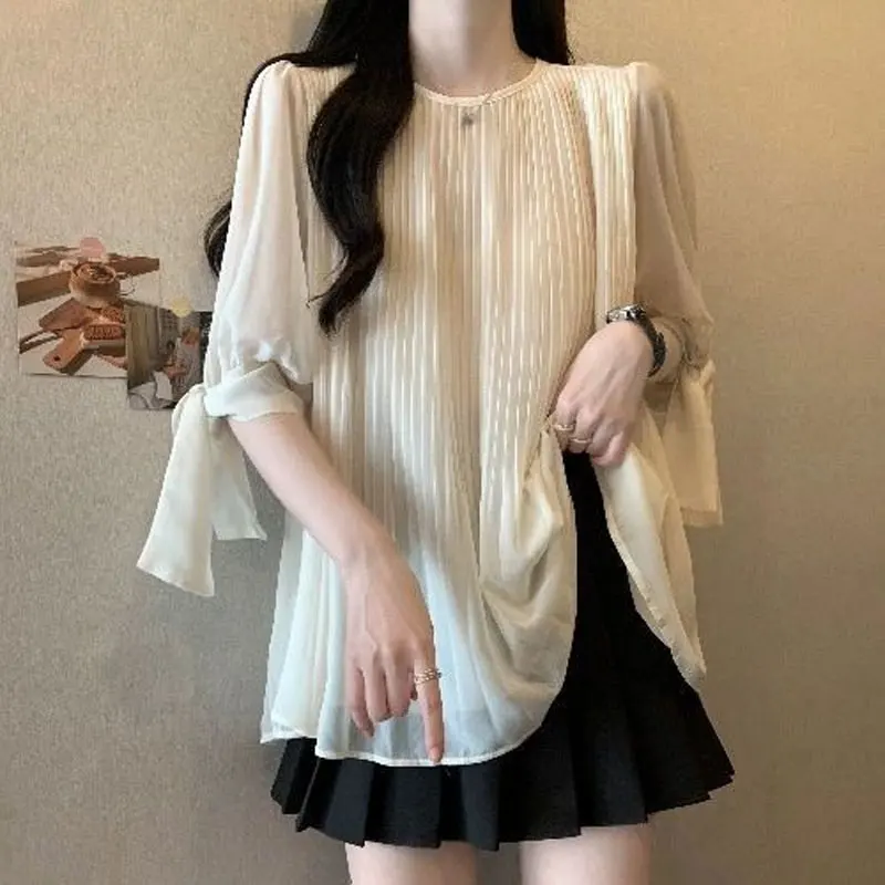 Casual 3/4 Sleeve Drawstring Shirt Women\'s Clothing Solid Color All-match 2024 Summer Fashion Pleated Korean Round Neck Blouse