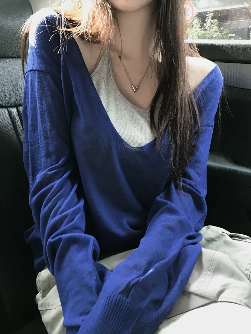 Elegant Summer New Style Loose Fit Thin Long Sleeve Knitted Sweater Chic V-Neck Korean Style Women's Fashion Casual Outerwear