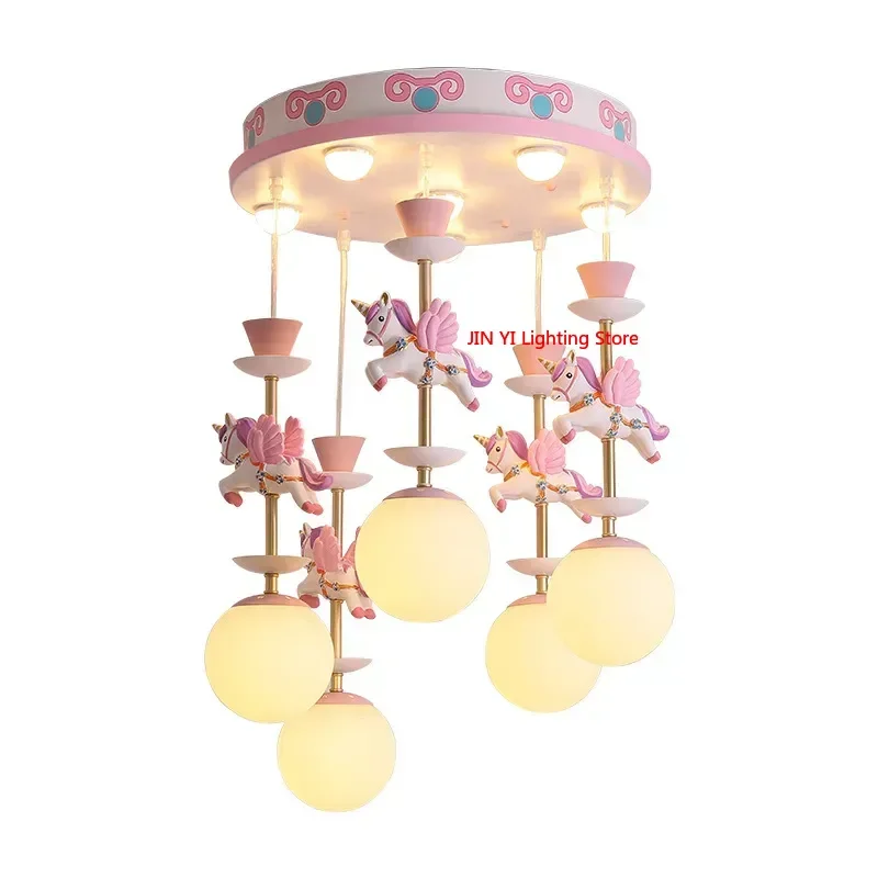

Pink Unicorn Cartoon Pendant Lamp Baby Room Children's Chamber Bedroom LED Eye Protection Chandelier Warm Light