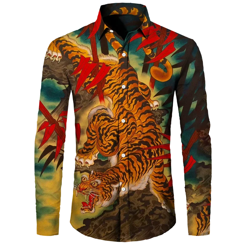 3D Printed Tiger Men\'s Turn-down Collar Button Shirt Chinese Style Vintage Long Sleeve Tops Hawaii Party Streetwear Shirts Tees