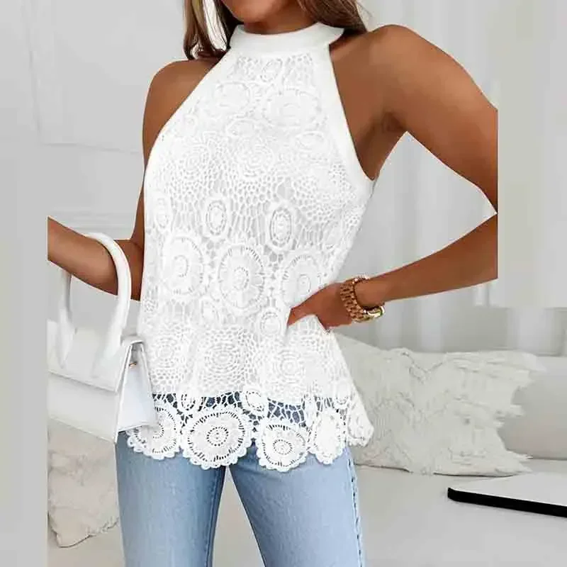 

Woman Lace Hollow Embroidery White Top Y2K Halter Neck Crop Tops Sleeveless Lace T-Shirts For Women Tee Female Sexy Tank Top