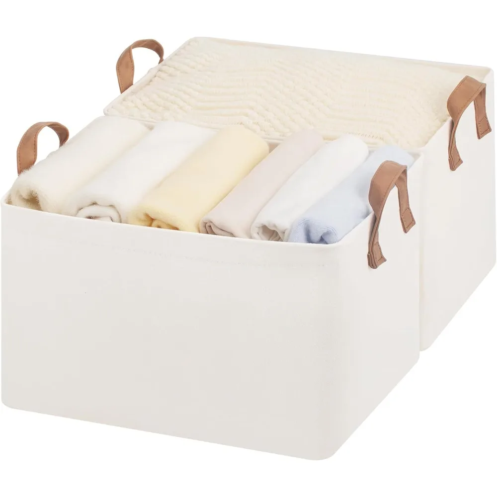

Storage Bins, Shelves Baskets for Organizing, Large Fabric Closet Organizers with Handles, Metal Frame, Natural Color, 2-Pack