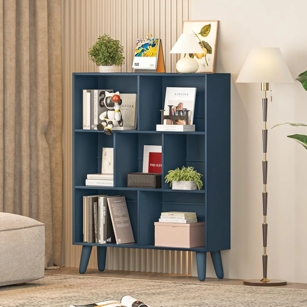 Blue Bookshelf,3 Tier Book Shelf with Legs, 7 Cube Minimalist Bookcase,Storage Organizer Shelves Display Bookcases for B