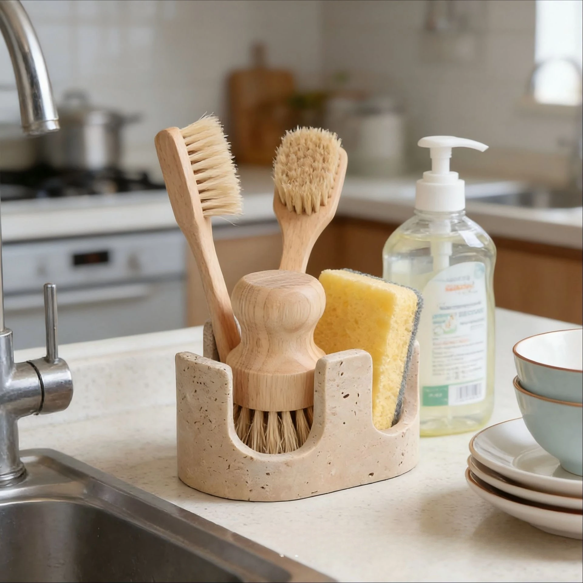 Natural Travertine Marble 2-Slot Sponge Holder for Kitchen Counter, 2-in-1 Stone Drying Rack, Sponge Caddy for Sink Organizer