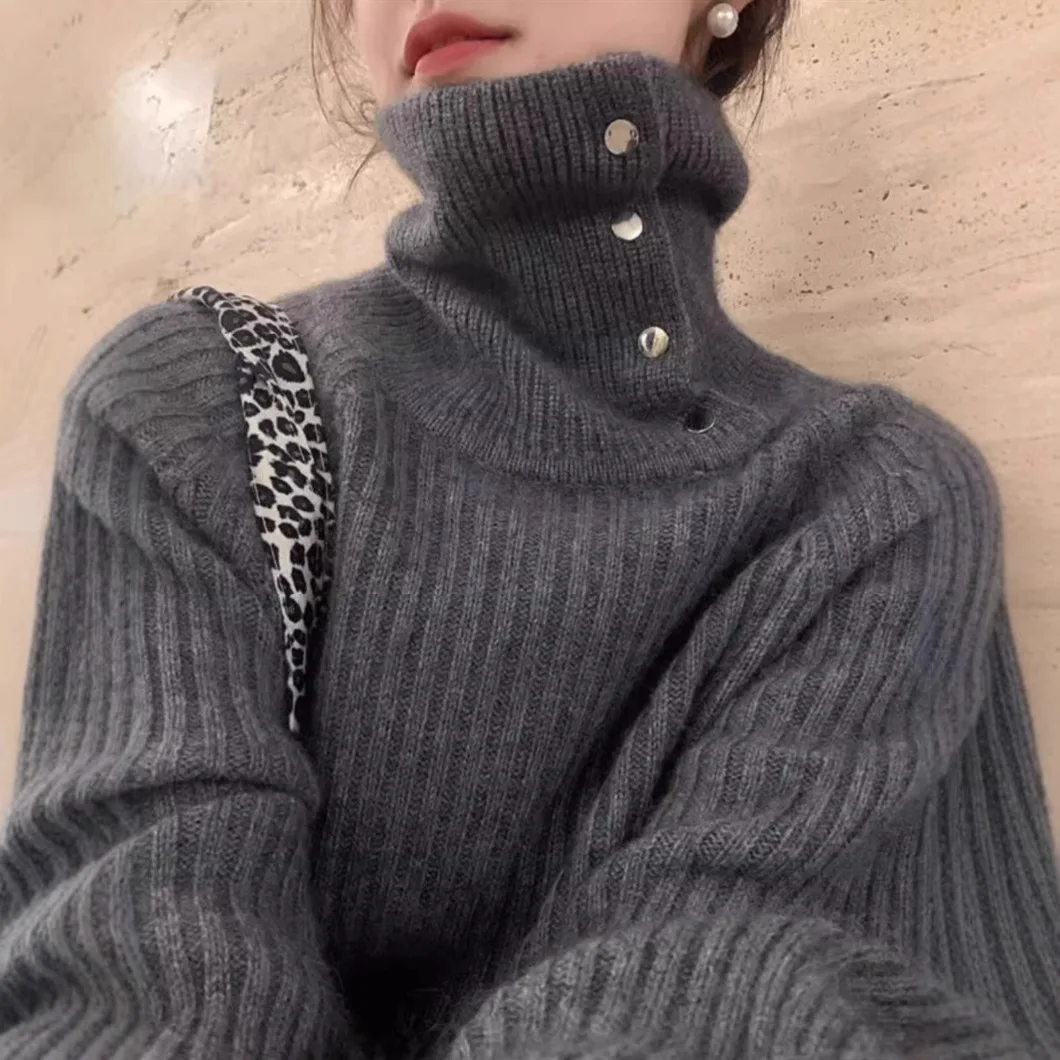 

Korean Style Solid ColoThickened Autumn Winter Women's Knitted Sweater Pure Color Atmosphere Collar Turn-down Base Shirt