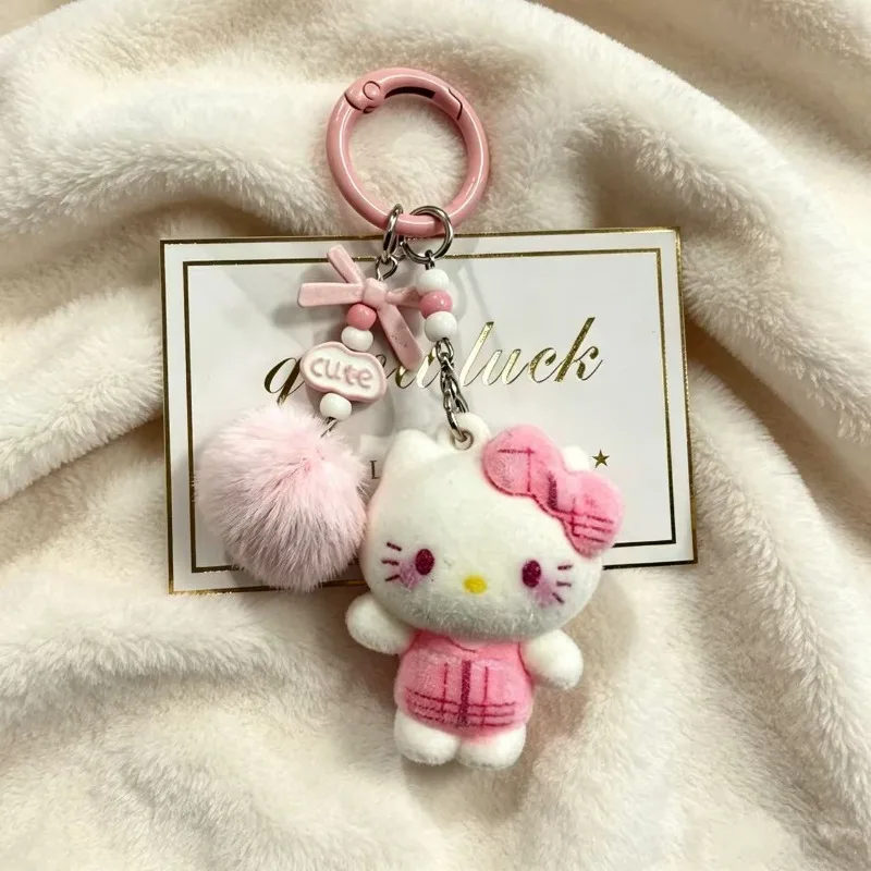 Sanrio Kawaii Hello Kitty Retro plaid Doll Keychain Japanese Cartoon Bag Pendant Car Key Accessories Children's Birthday Gift