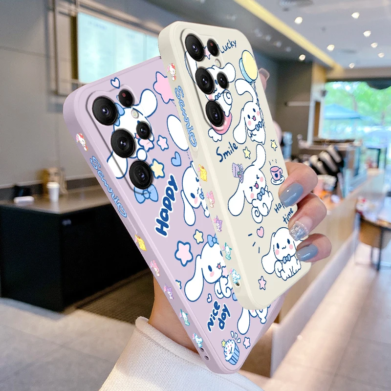 Blue Cinnamoroll Sanrio Cute Liquid Left Rope For Samsung Galaxy S24 S23 S22 S21 S20 FE S10 Ultra Plus Lite 5G Funda Phone Case