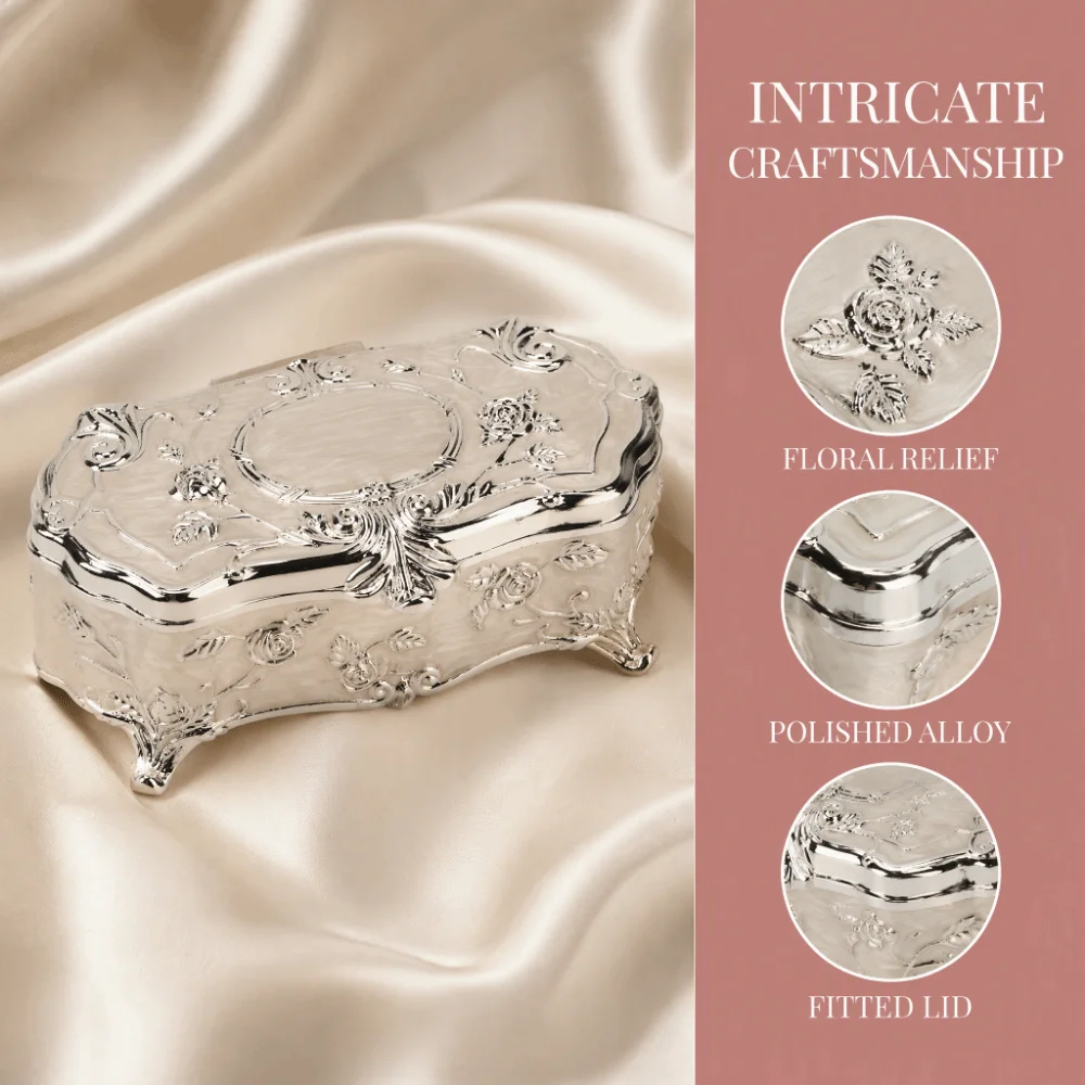 Silver-White Toothpick Holder Embossed Ornate Jewelry Box Rectangular Lidded Metal Storage Box