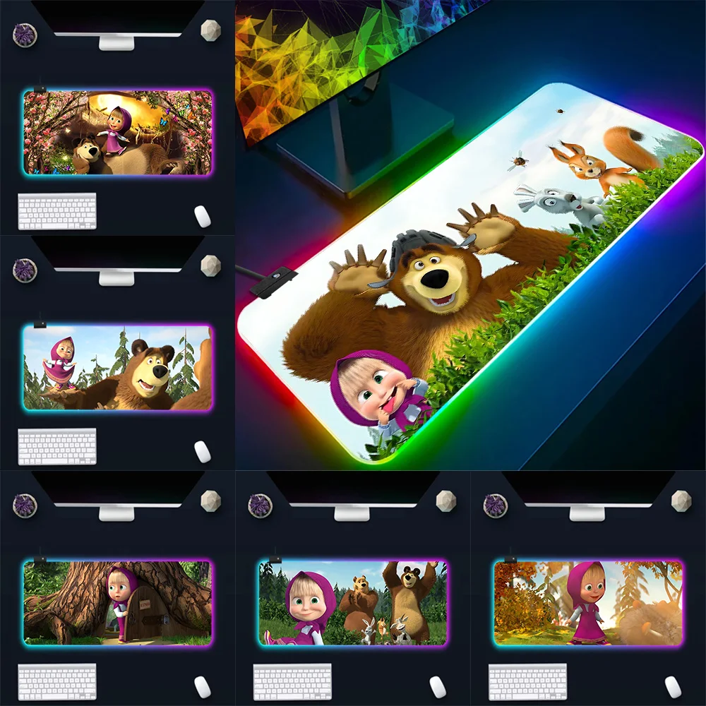 Hot Anime Masha and the Bear RGB Pc Gamer Keyboard Mouse Pad Mousepad LED Glowing Mouse Mats Rubber Gaming Computer Mausepad