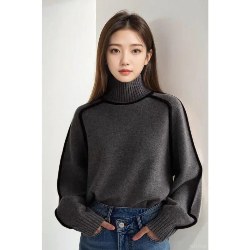

Fashionable Autumn and Winter Lazy Style Three-dimensional Loose Casual Contrast Turtleneck Sweater
