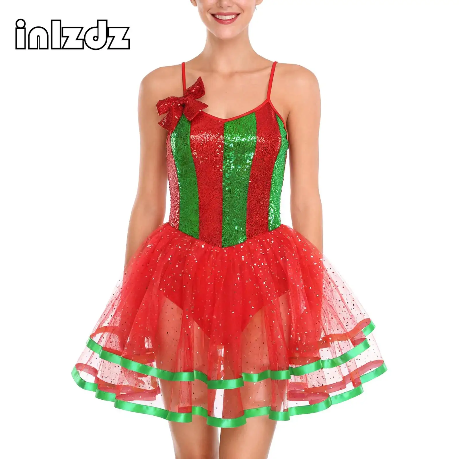 

Women Shiny Sequins Christmas Candy Cane Costume Gymnastics Ballet Dance Dress Sleeveless Bow Tulle Dress Party New Year Costume
