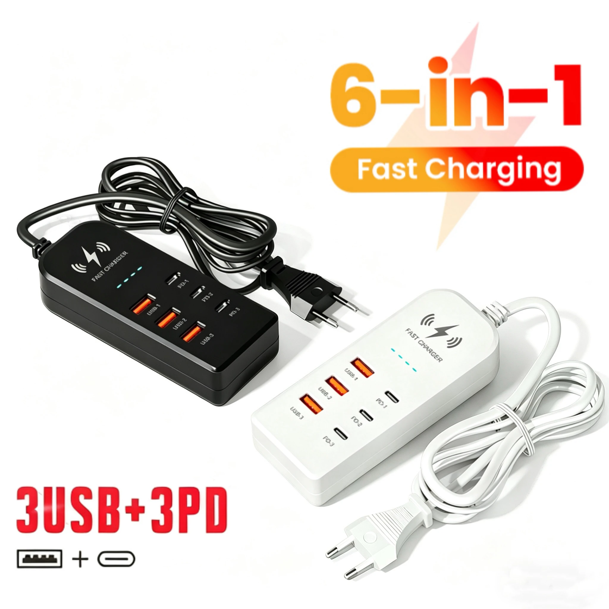Cargador USB 6 en 1, Tipo C, Carga Rápida, Cargador de Pared, Multipuerto, Adaptador USB Tipo C, Enchufe EU/US, Cargador Rápido, Expansor de Enchufe