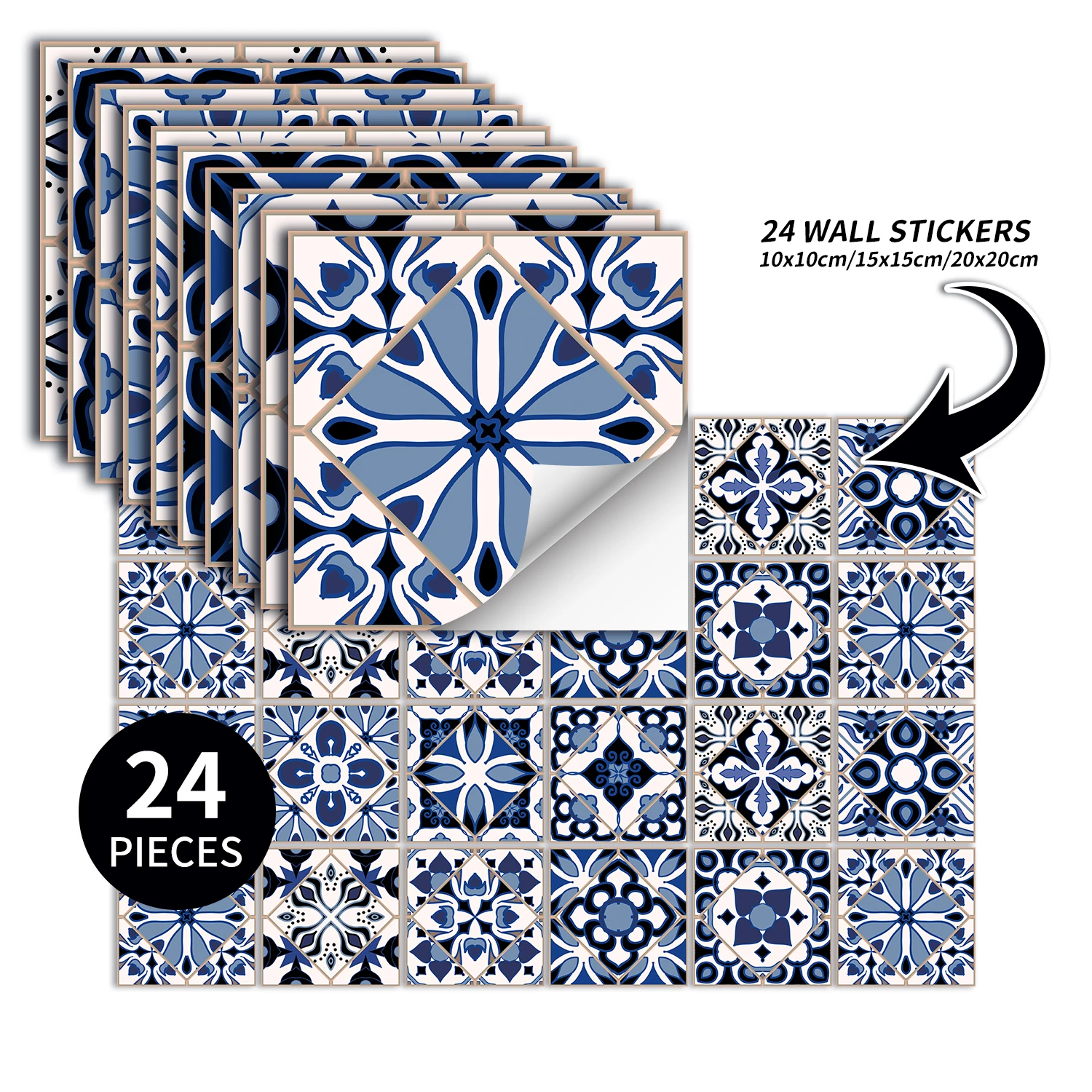24 pcs/pack, Waterproof and Oil-proof, Easy To Clean, Blue Retro Pattern Self-adhesive PVC Tile Stickers