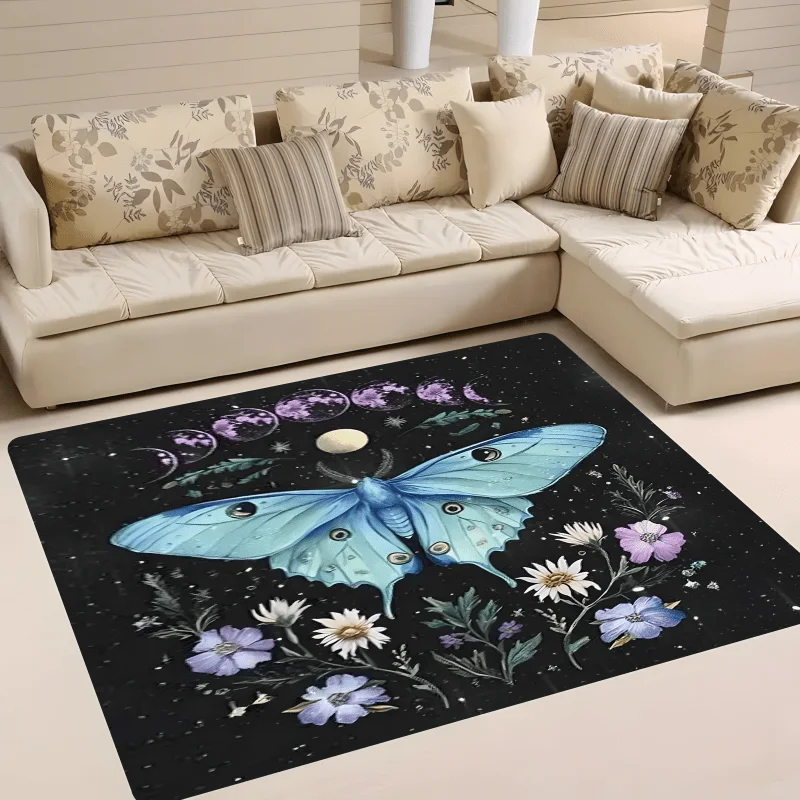 Blue Moth Flannel Rug Moon Phase Floral Print Floor Mat Soft Non-slip Area Carpet for Living Room Bedroom Home Decor