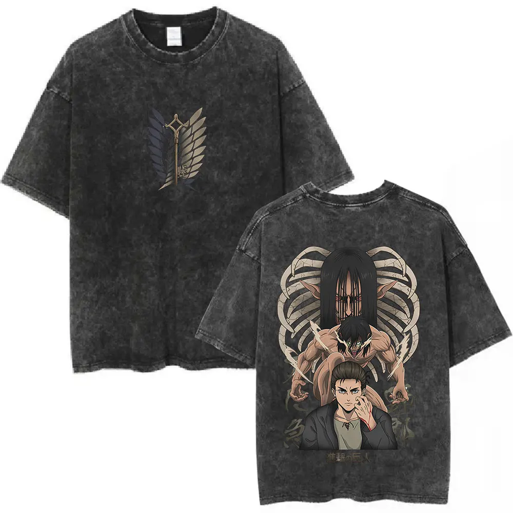 Anime Attack on Titan T-shirt Mikasa Ackerman Eren Jaeger Wings of Freedom Vintage Washed T-shirts Men Women Cotton T-shirts