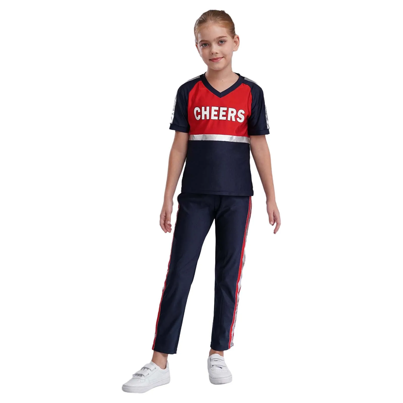 

2Pcs Kids Girls Boys Cheerleading Uniform V-neck Short Sleeve Letter Print Metallic Color Block T-shirt+Pants Sports Streetwear