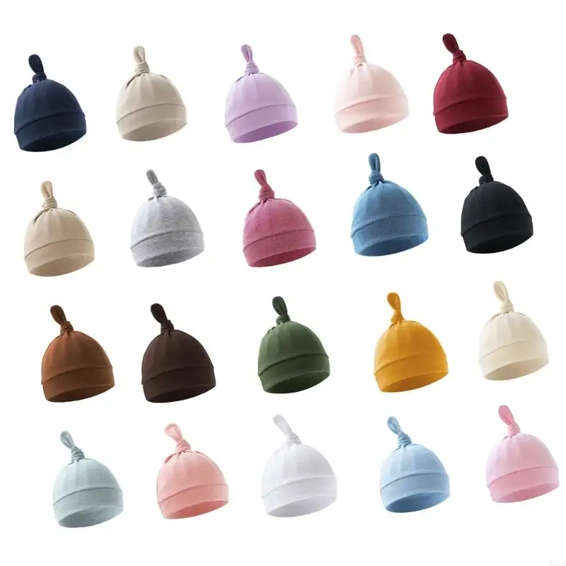 

Q0KB Cotton Bonnet Hat Unisex Infant Ear Protections Bonnet Solid Color Baby Knotted Hat Brimless Hospital Caps Warm Hat