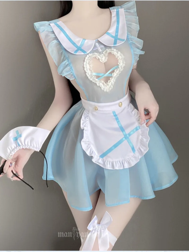 Blue Sweet Girl Fairy Dress Sexy Heart Hollow Out Sweetheart Little Nurse Transparent Fluffy Short Uniform Dress Elegant K1PK