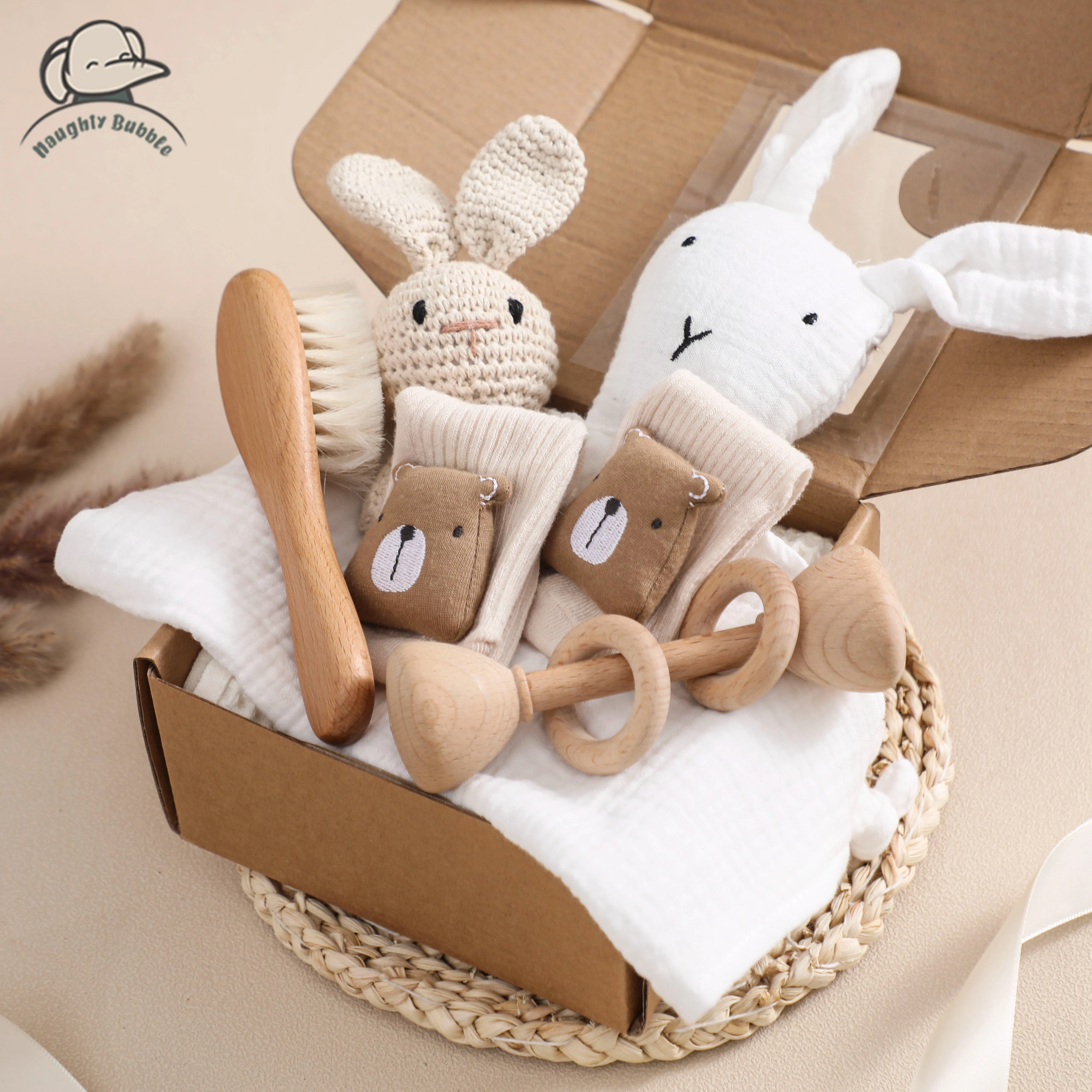 Baby Gift Set Newborn Infant Baby Towel Newborn Bath Toy Baby Drool Towel  Wood Rattle  Growth Milestone  Wool Brush  Baby Socks