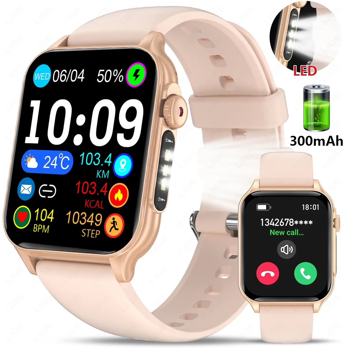 

LIGE Women Bluetooth Calling Smart Watch 1.96" Display Sports Blood Oxygen Watch Multi Sport LED Flashlight Outdoor Smartwatch