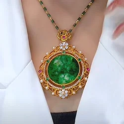 Natural green agate round pendant necklace exquisite fashion rhinestone inlaid with  golden sweater chain women's accessories