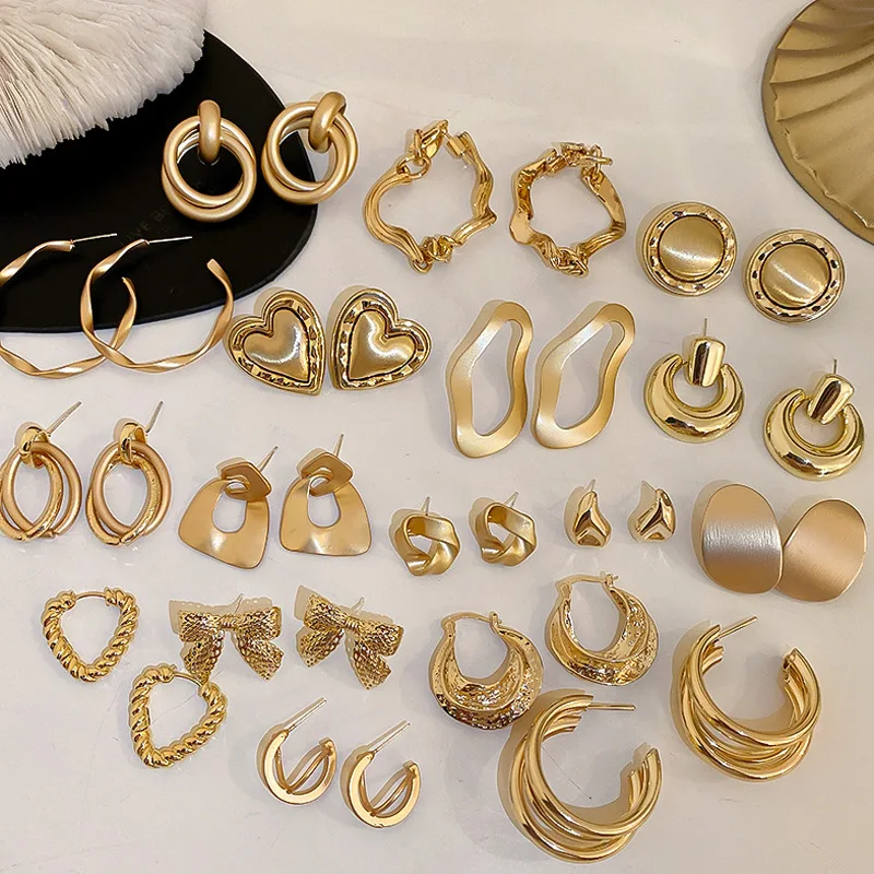 Vintage Geometric Heart Earrings Set Niche Design Gold Jewelry Commute All-match High-end Drop Earrings