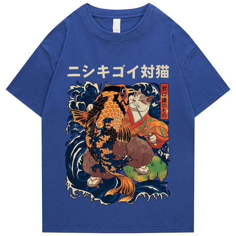 ヒップホップストリートスタイル原宿tシャツ猫は魚のプリントtシャツ2022メンズ夏の半袖tシャツ綿ルーズトップtシャツ