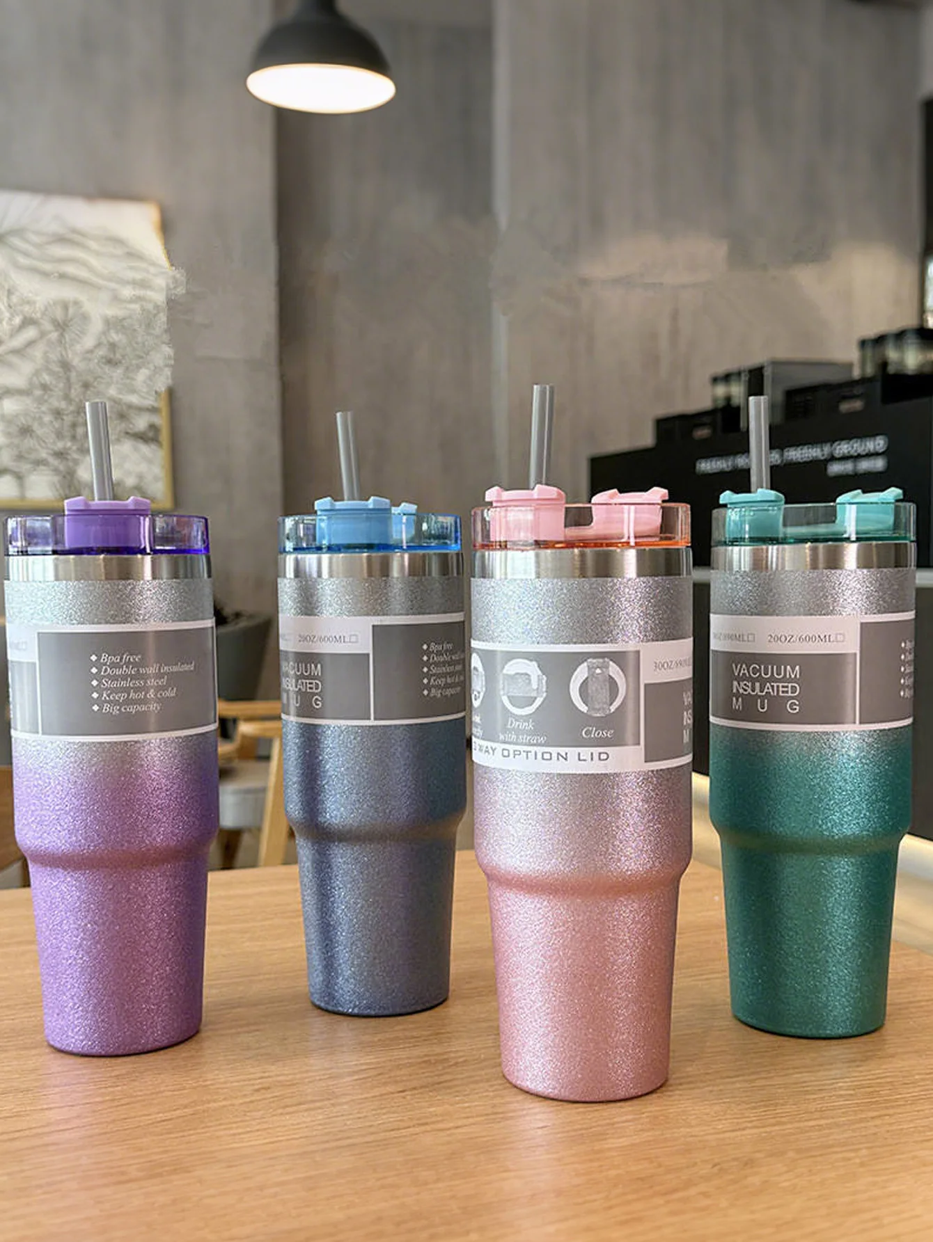 كوب معزول ومبرد من الفولاذ المقاوم للصدأ بطبقة مزدوجة من ضوء النجوم المتدرج - مع قش، كوب مسطح معبأ في زجاجات، فنجان قهوة، كوب سيارة #6