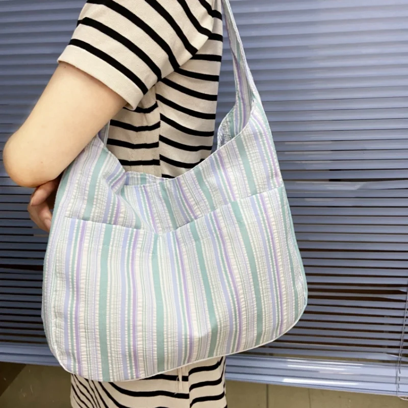 Fashionable and High Appearance Striped Handbag Fresh Sweet Girl Shoulder Bag Casual Commuting Outgoing Tote Bag