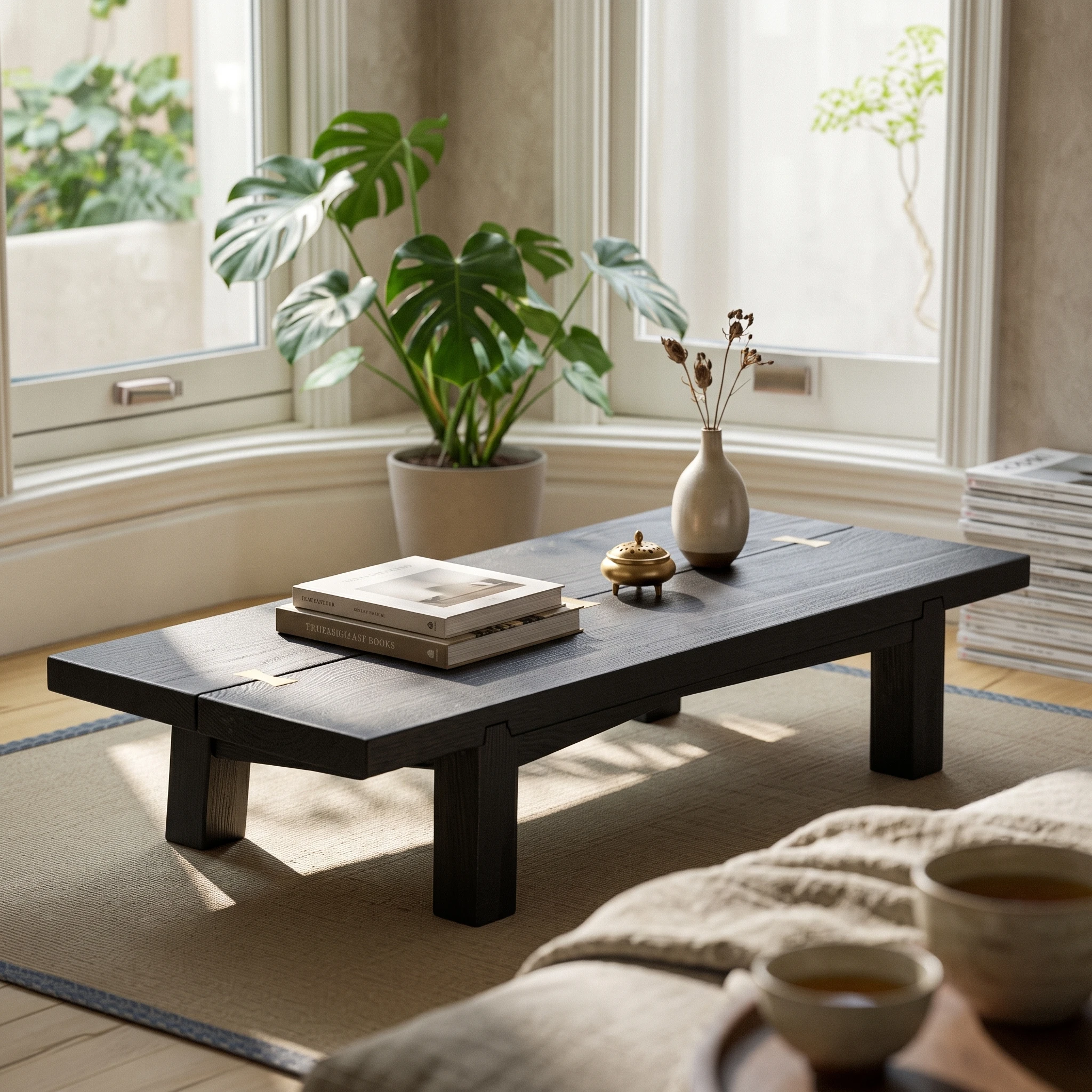 Table with Brass Inlay Wabi-Sabi Low Tea Table Furniture Compact Simple for Small Rooms
