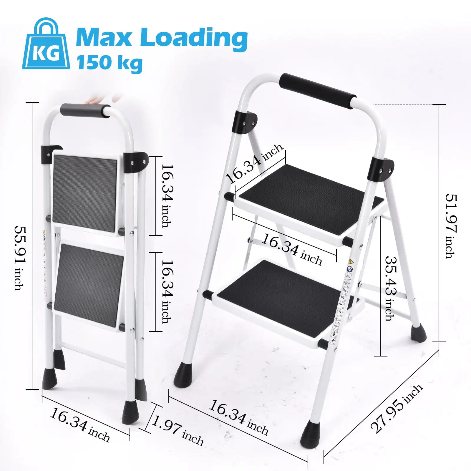 2 Step Stool Folding Step Ladder Non Slip Feet for Home Office 30lbs Capacity White Heavy Duty Support 225 Lb