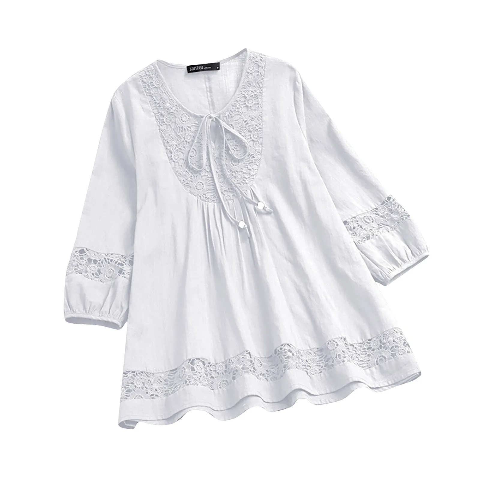 Women\'s Fashion Casual Loose Pleated Lace Hollow O-Neck Blouse Top