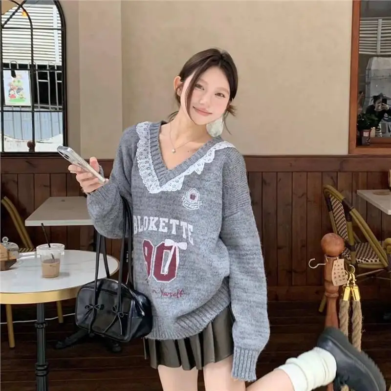 Lazy Retro Lace Patchwork Autumn and Winter Sweater Loose 2024 Knitted Sweater New Letter Jacquard Top