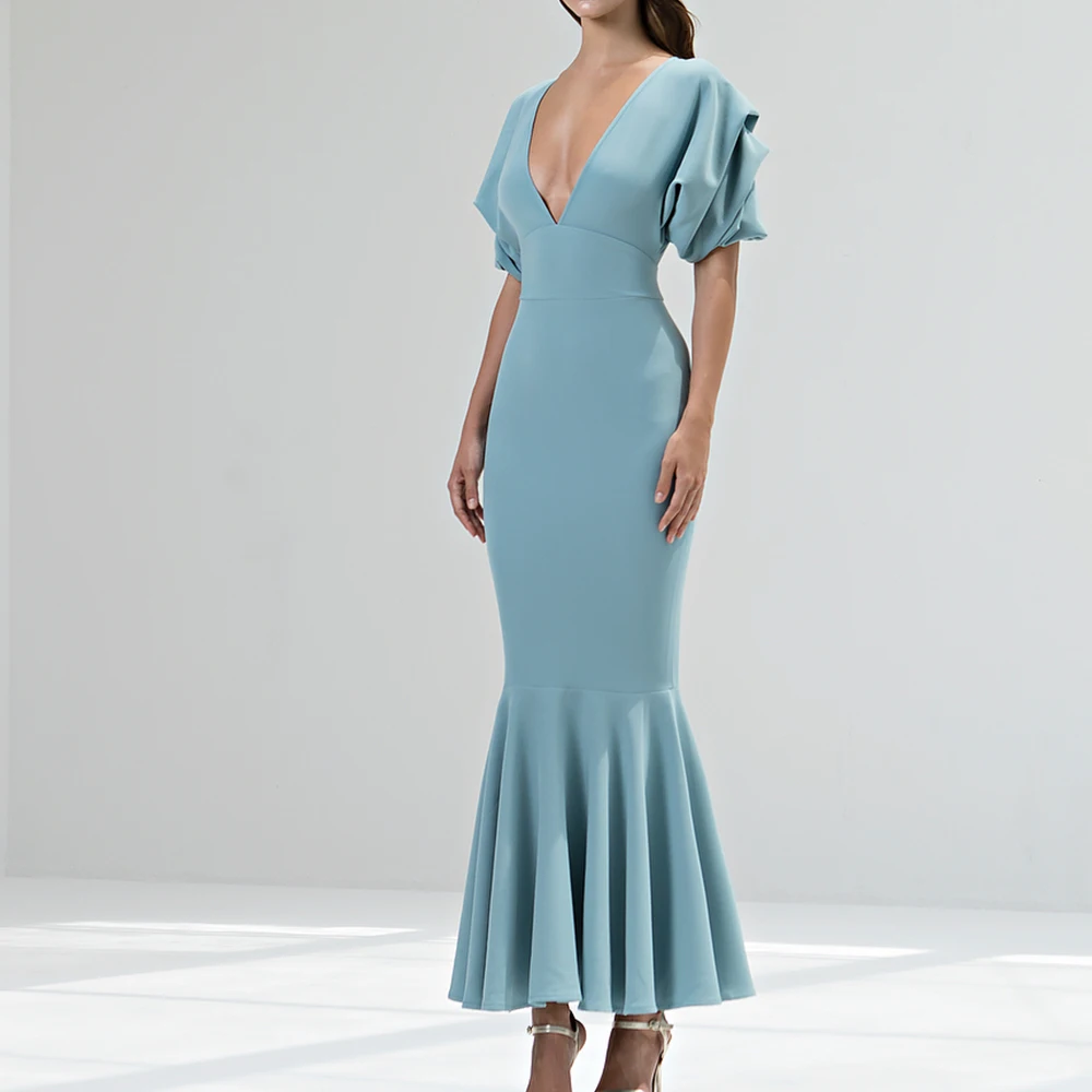 Customized Modern Jersey Mermaid Evening Dress V-Neck Half Sleeves Floor Length Solid Color Delicate Vestidos para mujer