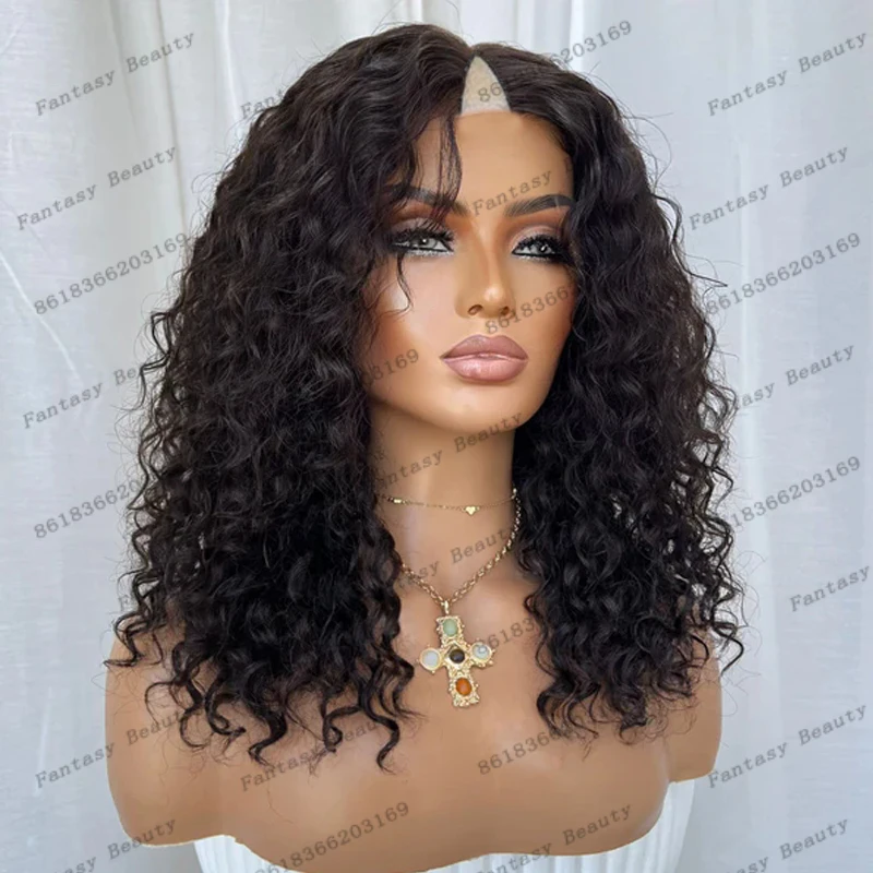 

Cheap Remy European Loose Curly U Part Human Hair Wig for Black Women 250Density Glueless Machine Made 1X4 V Part Wigs withClips