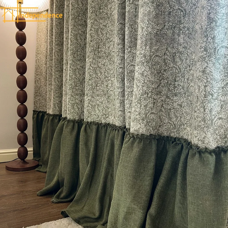 Vintage Green Jacquard Chenille Patchwork Skirt Hem Curtains for Living Room and Bedroom French Window Custom Finished Product