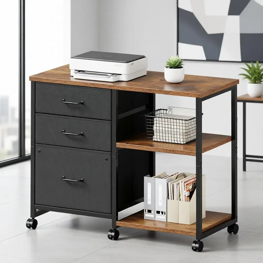 

Rustic Brown Rolling Printer Stand with Open Storage Shelf for Home or Office