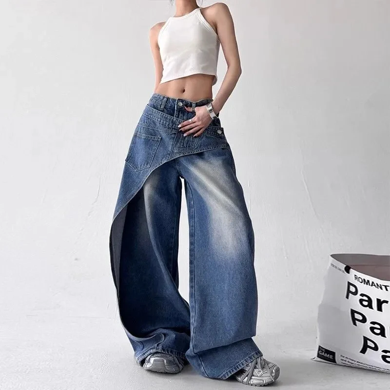 Y2K mode irrégulière Patchwork jean femmes coréen Chic Streetwear Hip Hop pantalon droit Bf taille haute décontractée Denim
