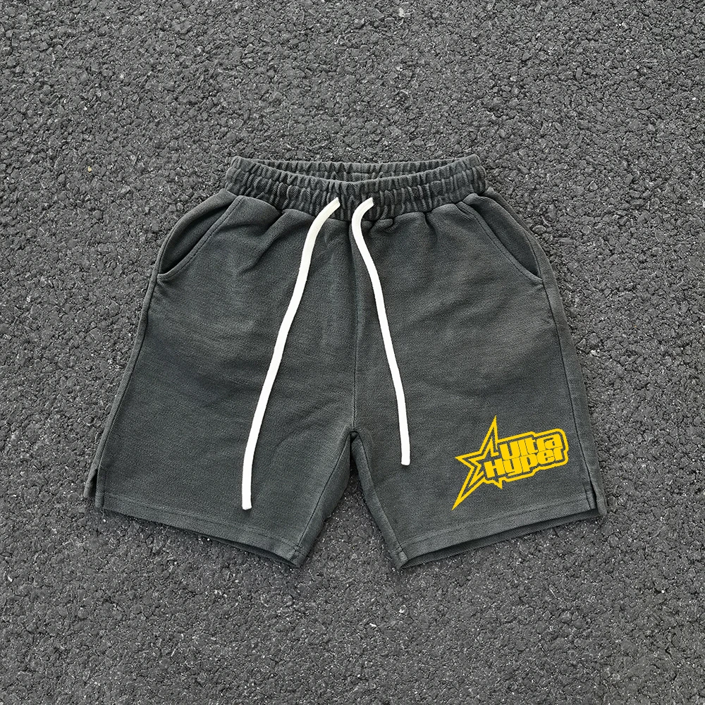 Retro American Heavyweight Lettering Distressed Fleece Wide Leg Short Pants Five-Quarter Length Youthful Spring Style Shorts